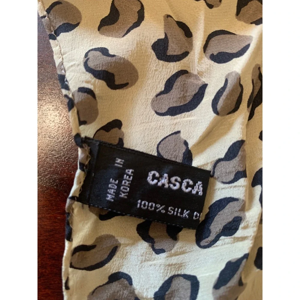 Casca Scarfs Tan Leopard Print 100% Silk Scarf Made in Korea Hand Rolled Hem